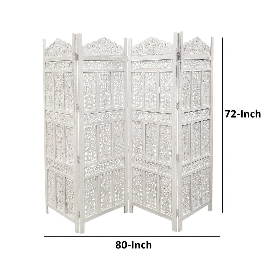 Cloison de séparation/séparateur de pièce en bois sculpté esthétiquement à 4 panneaux, blanc vieilli