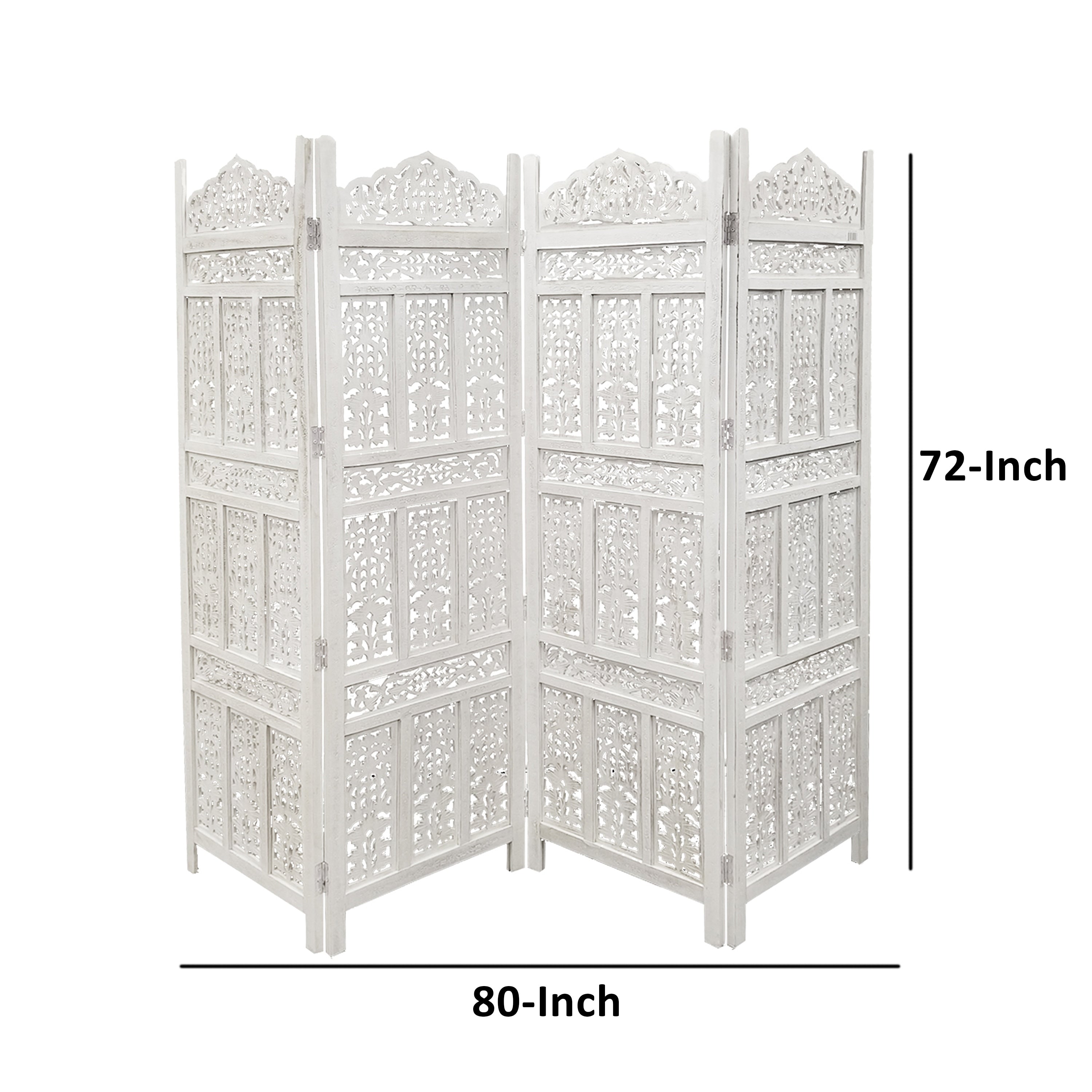 Cloison de séparation/séparateur de pièce en bois sculpté esthétiquement à 4 panneaux, blanc vieilli