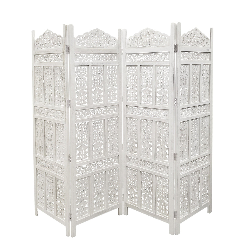 Cloison de séparation/séparateur de pièce en bois sculpté esthétiquement à 4 panneaux, blanc vieilli