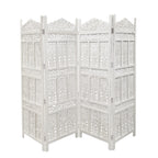 Cloison de séparation/séparateur de pièce en bois sculpté esthétiquement à 4 panneaux, blanc vieilli