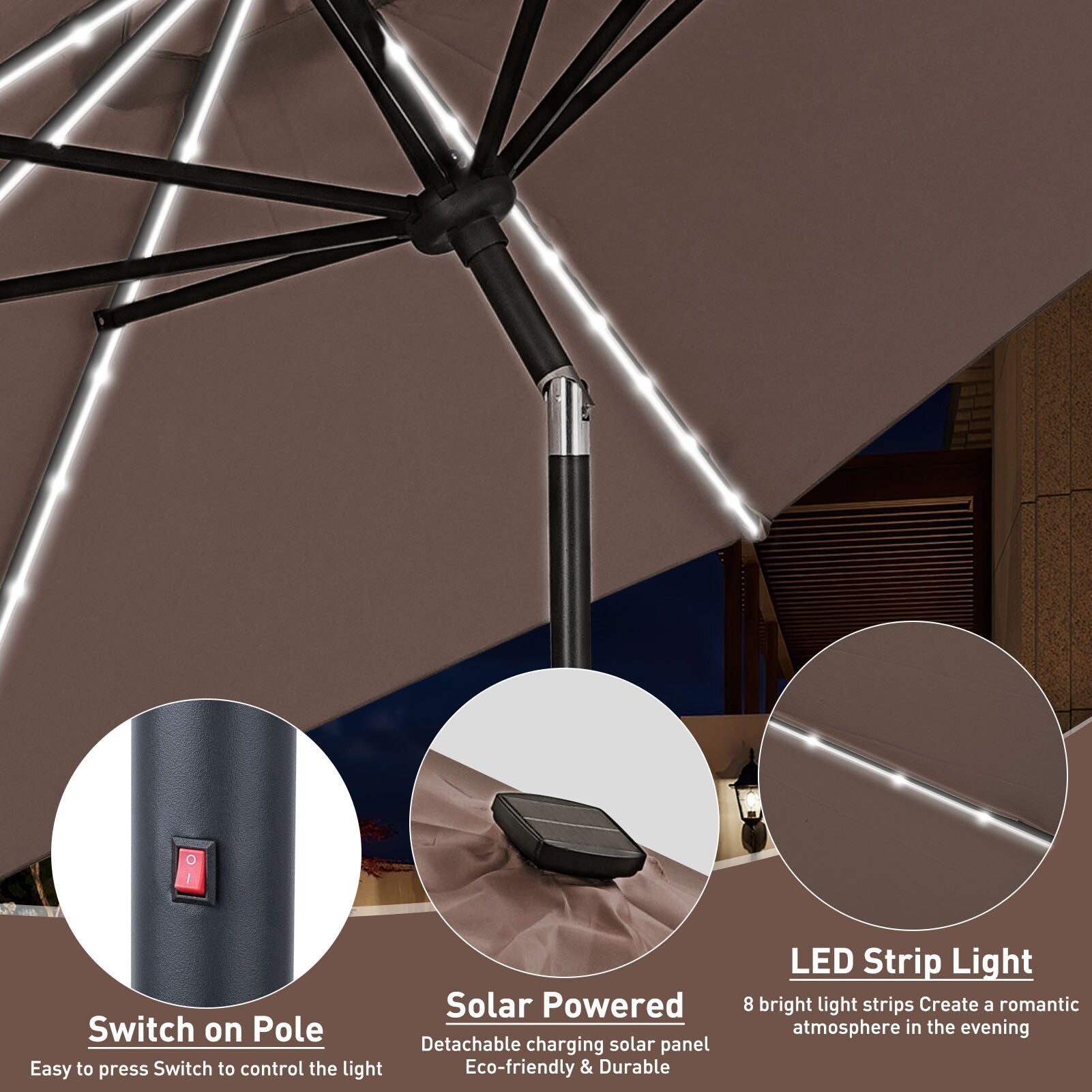 Ainfox 10ft Patio Umbrella with Lights Outdoor Solar Umbrella without Base