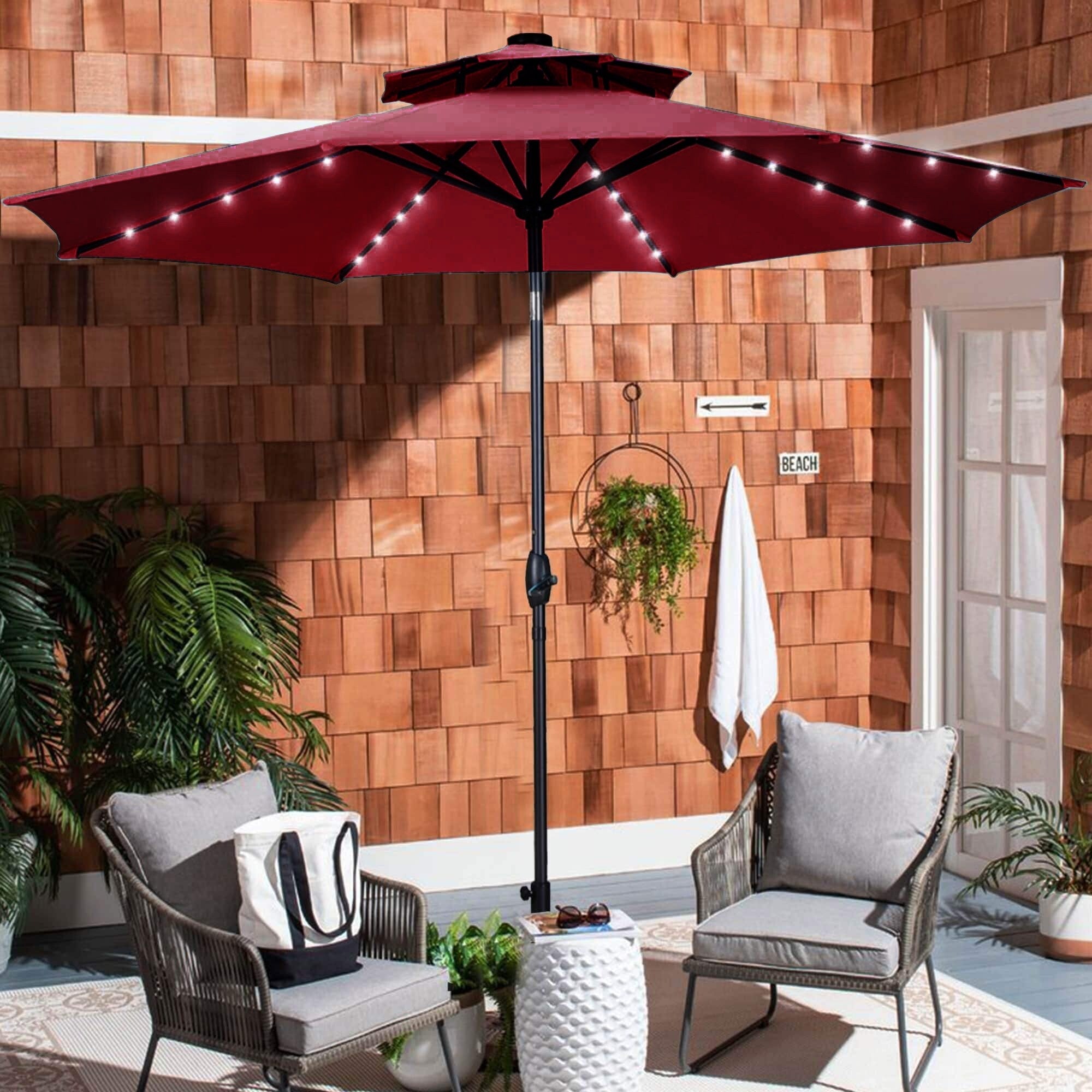 Ainfox 10ft Patio Umbrella with Lights Outdoor Solar Umbrella without Base