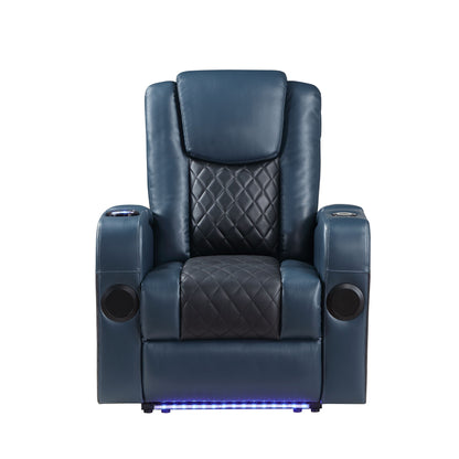 Fauteuil inclinable électrique Alair Aire en cuir bleu et noir avec Bluetooth, chargeur sans fil et porte-gobelet