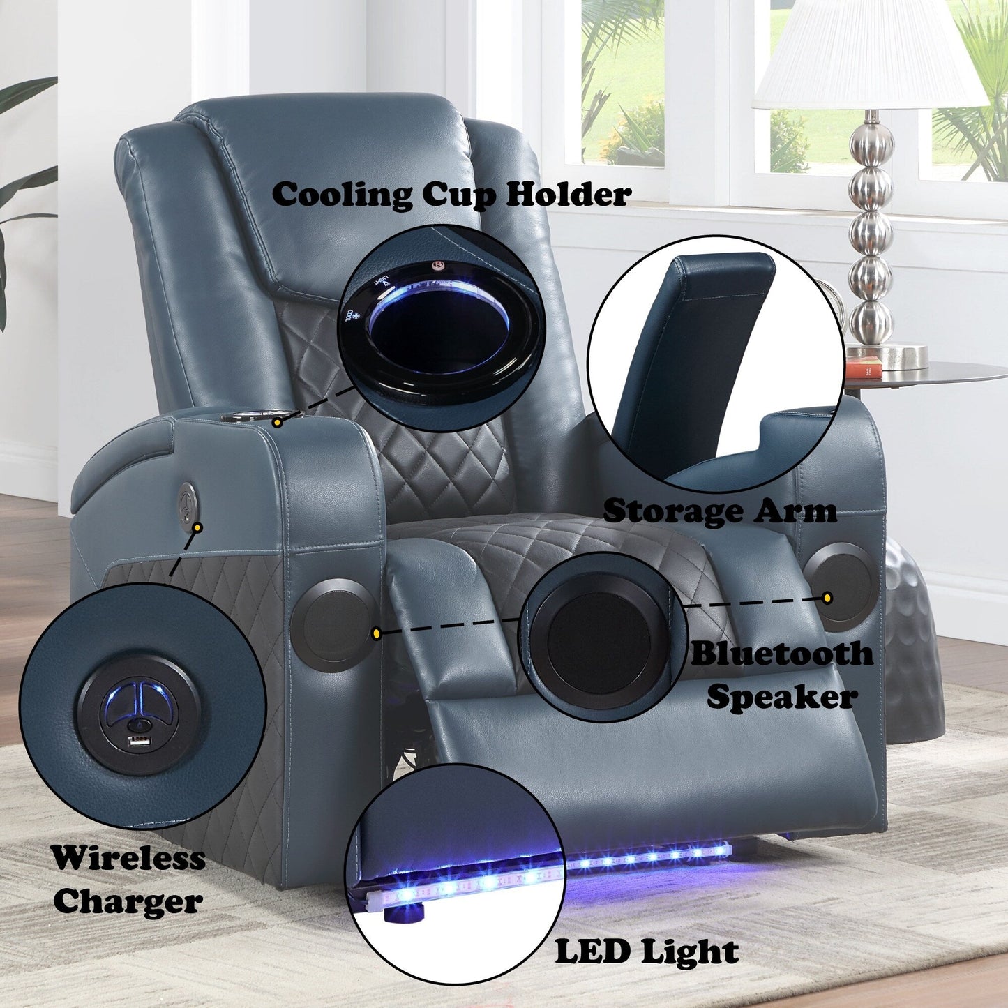 Fauteuil inclinable électrique Alair Aire en cuir bleu et noir avec Bluetooth, chargeur sans fil et porte-gobelet