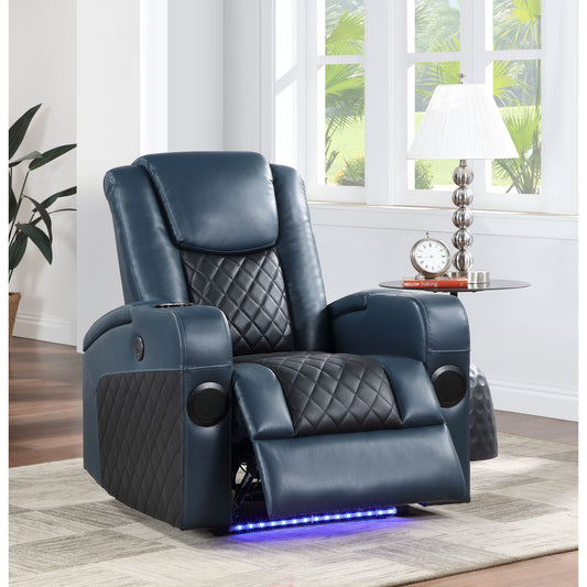 Fauteuil inclinable électrique Alair Aire en cuir bleu et noir avec Bluetooth, chargeur sans fil et porte-gobelet