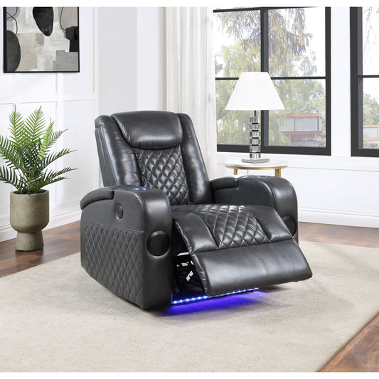 Fauteuil inclinable électrique Alair en cuir gris foncé avec Bluetooth, chargeur sans fil et porte-gobelet