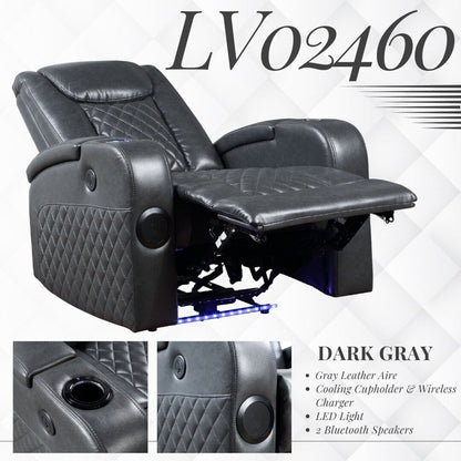 Fauteuil inclinable électrique Alair en cuir gris foncé avec Bluetooth, chargeur sans fil et porte-gobelet