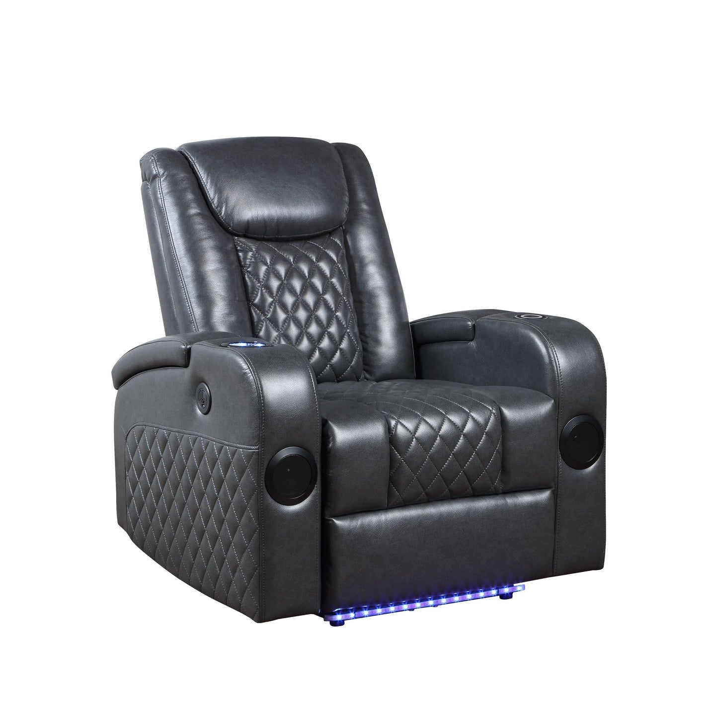 Fauteuil inclinable électrique Alair en cuir gris foncé avec Bluetooth, chargeur sans fil et porte-gobelet