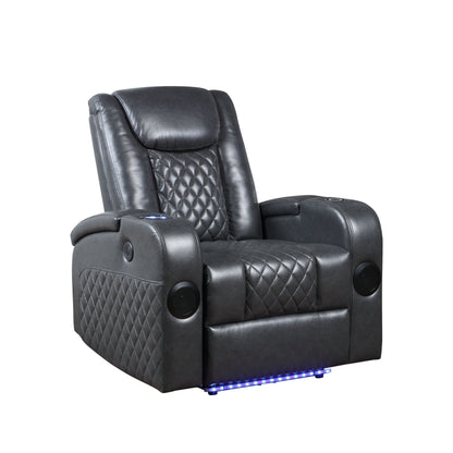 Fauteuil inclinable électrique Alair en cuir gris foncé avec Bluetooth, chargeur sans fil et porte-gobelet