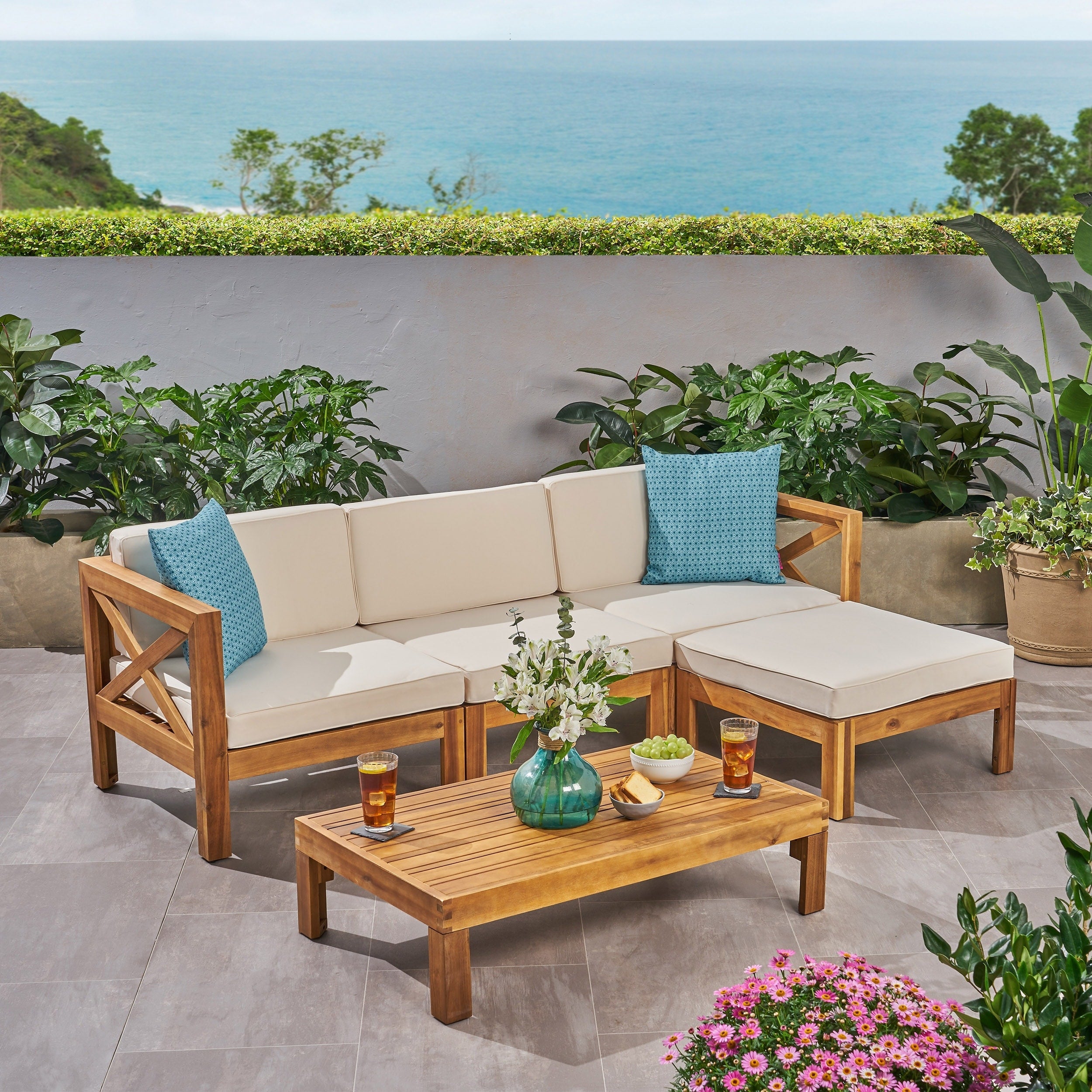 Ensemble de canapés d'extérieur Alcove en bois d'acacia 5 pièces par Christopher Knight Home