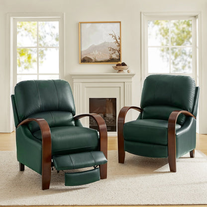 Fauteuil inclinable manuel Alex Mid-Century Modern en cuir véritable avec accoudoirs incurvés en bois, lot de 2