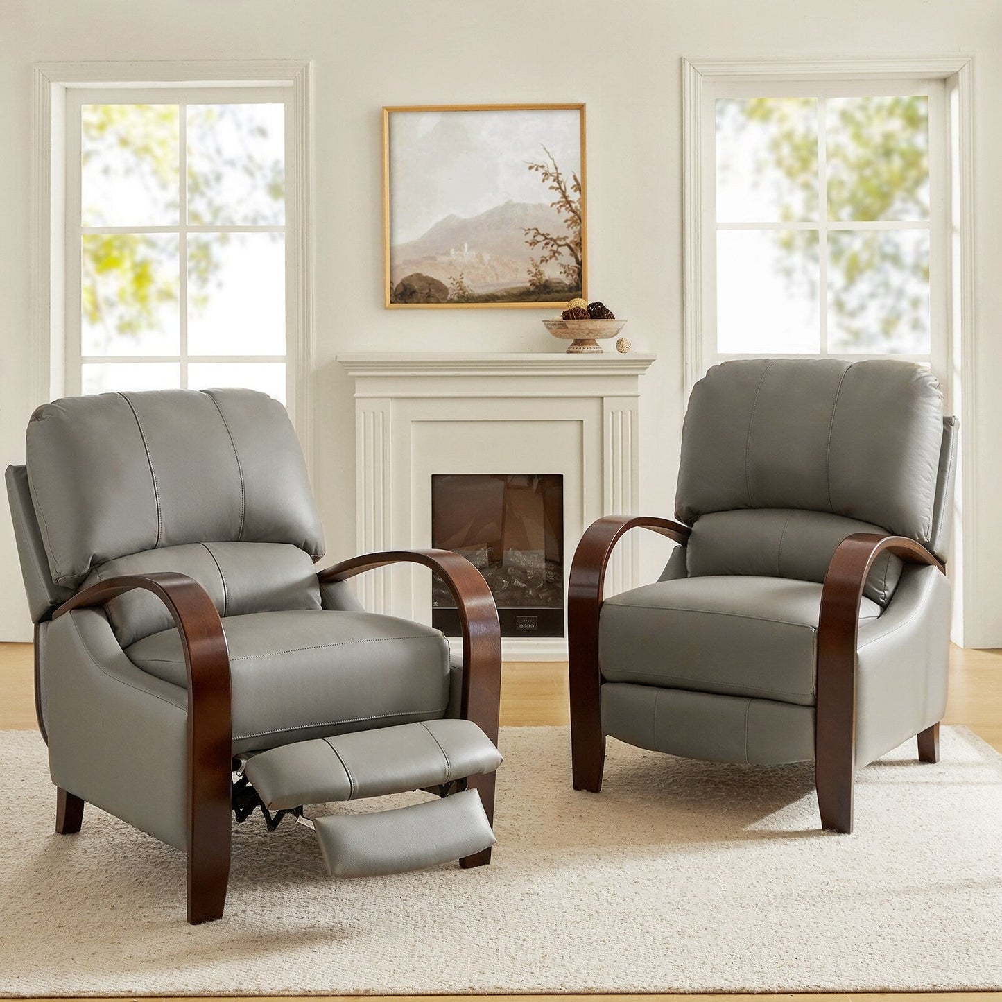 Fauteuil inclinable manuel Alex Mid-Century Modern en cuir véritable avec accoudoirs incurvés en bois, lot de 2