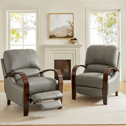 Fauteuil inclinable manuel Alex Mid-Century Modern en cuir véritable avec accoudoirs incurvés en bois, lot de 2