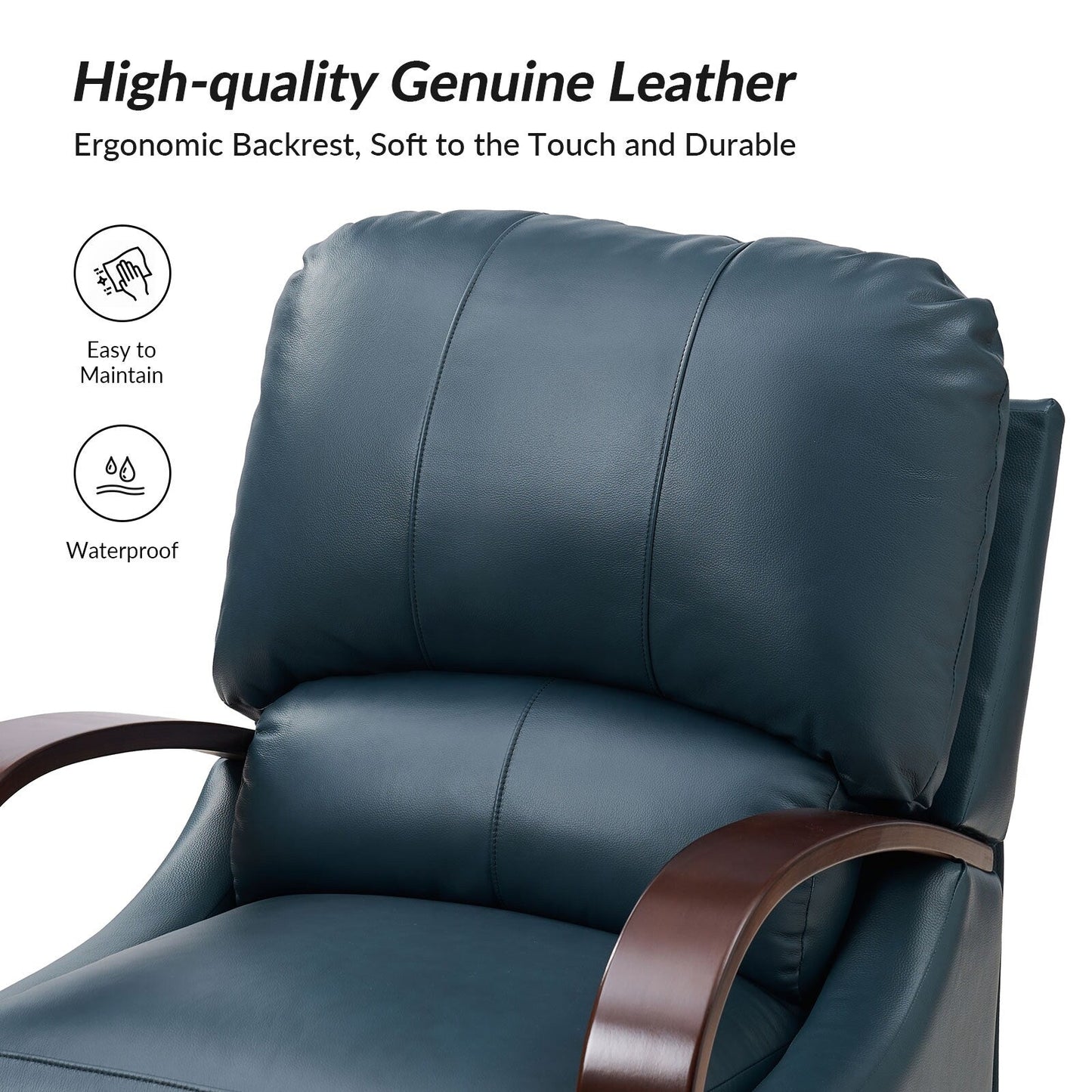 Fauteuil inclinable manuel Alex Mid-Century Modern en cuir véritable avec accoudoirs incurvés en bois, lot de 2
