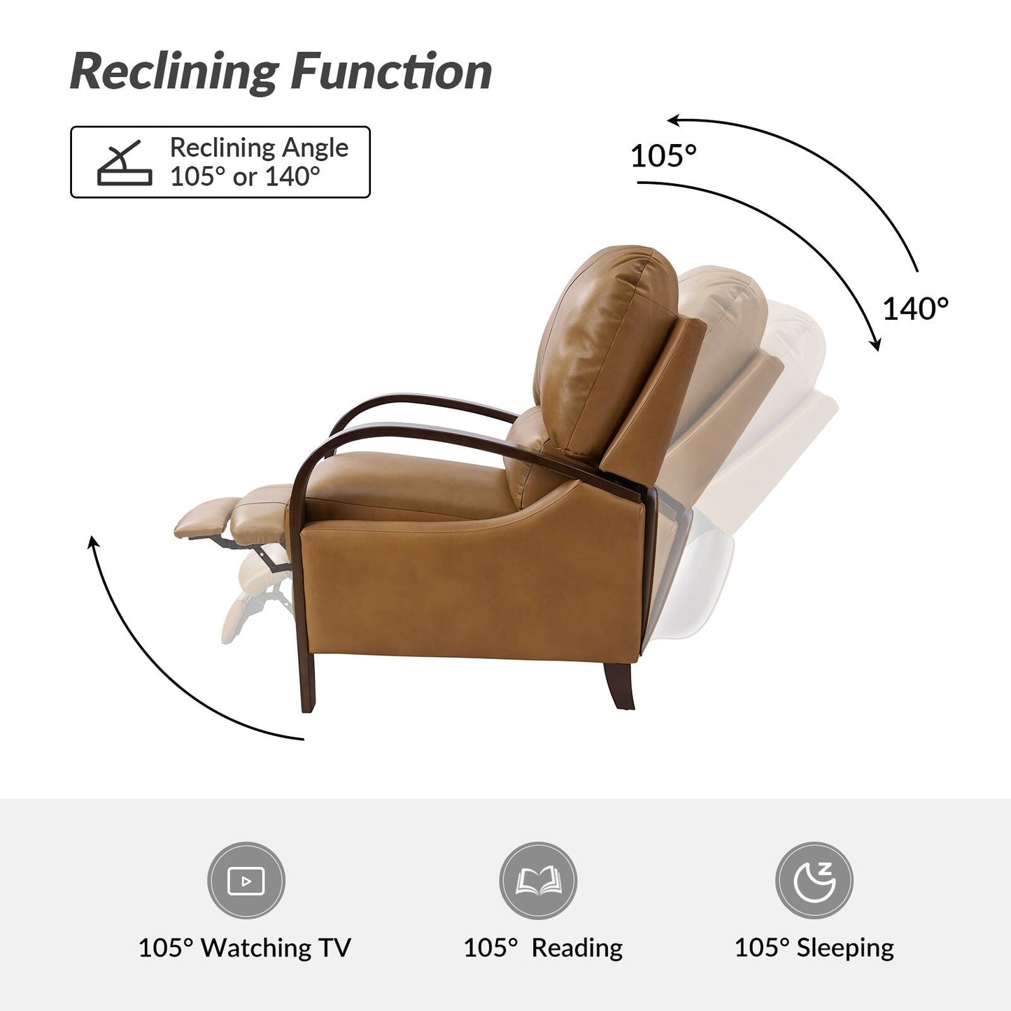 Fauteuil inclinable manuel Alex Mid-Century Modern en cuir véritable avec accoudoirs incurvés en bois, lot de 2