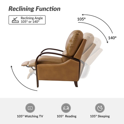 Fauteuil inclinable manuel Alex Mid-Century Modern en cuir véritable avec accoudoirs incurvés en bois, lot de 2
