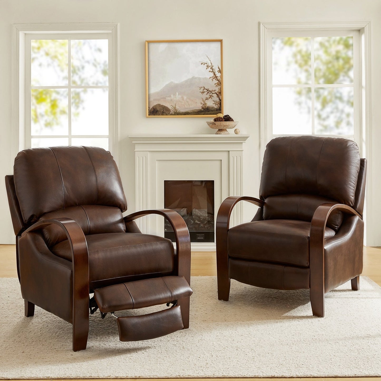 Fauteuil inclinable manuel Alex Mid-Century Modern en cuir véritable avec accoudoirs incurvés en bois, lot de 2