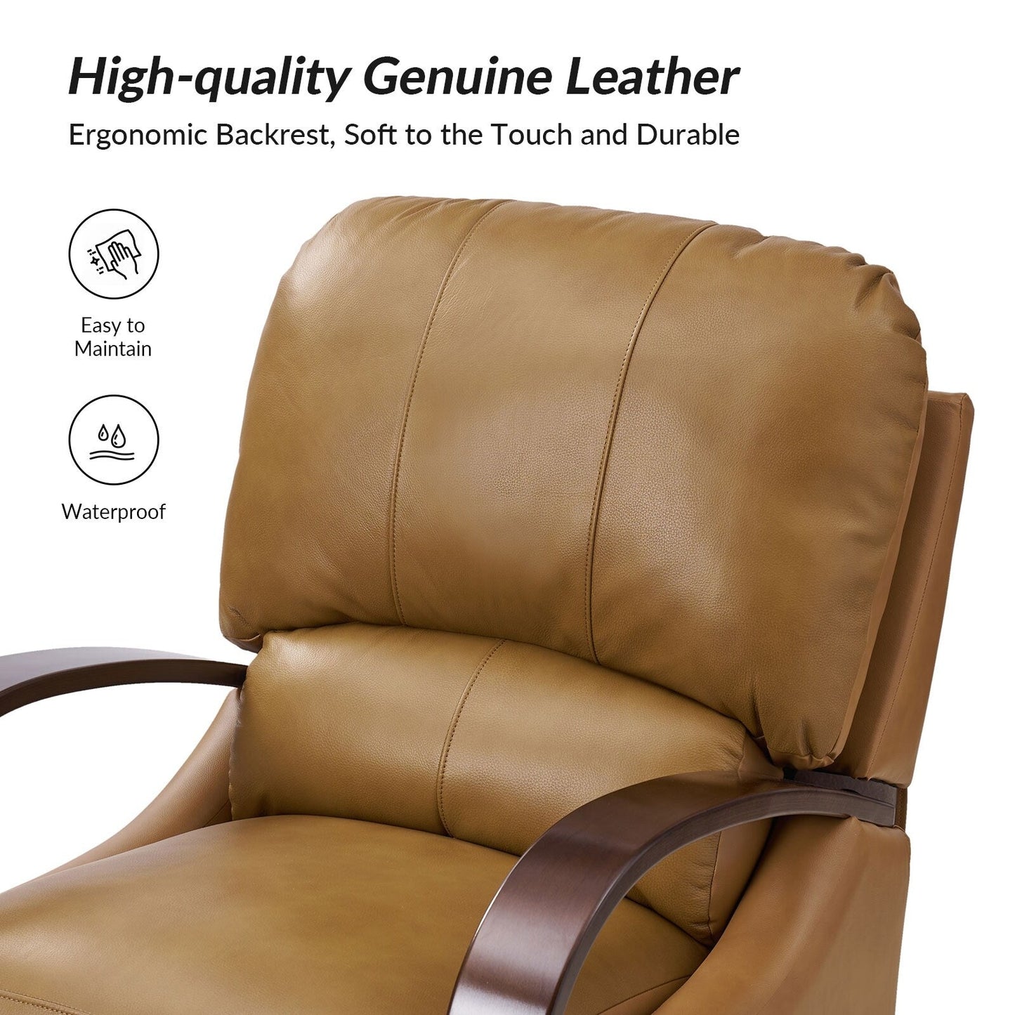 Fauteuil inclinable manuel Alex Mid-Century Modern en cuir véritable avec accoudoirs incurvés en bois, lot de 2