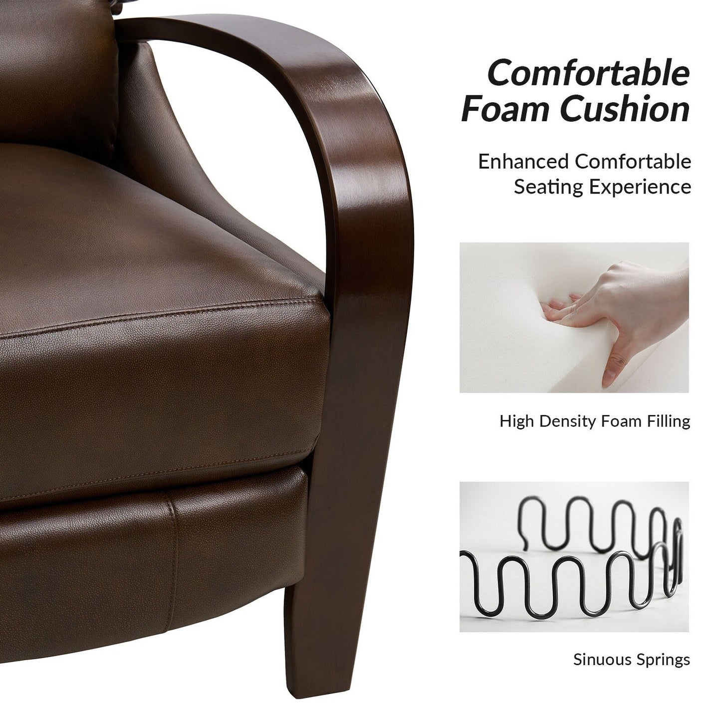 Fauteuil inclinable manuel Alex Mid-Century Modern en cuir véritable avec accoudoirs incurvés en bois, lot de 2