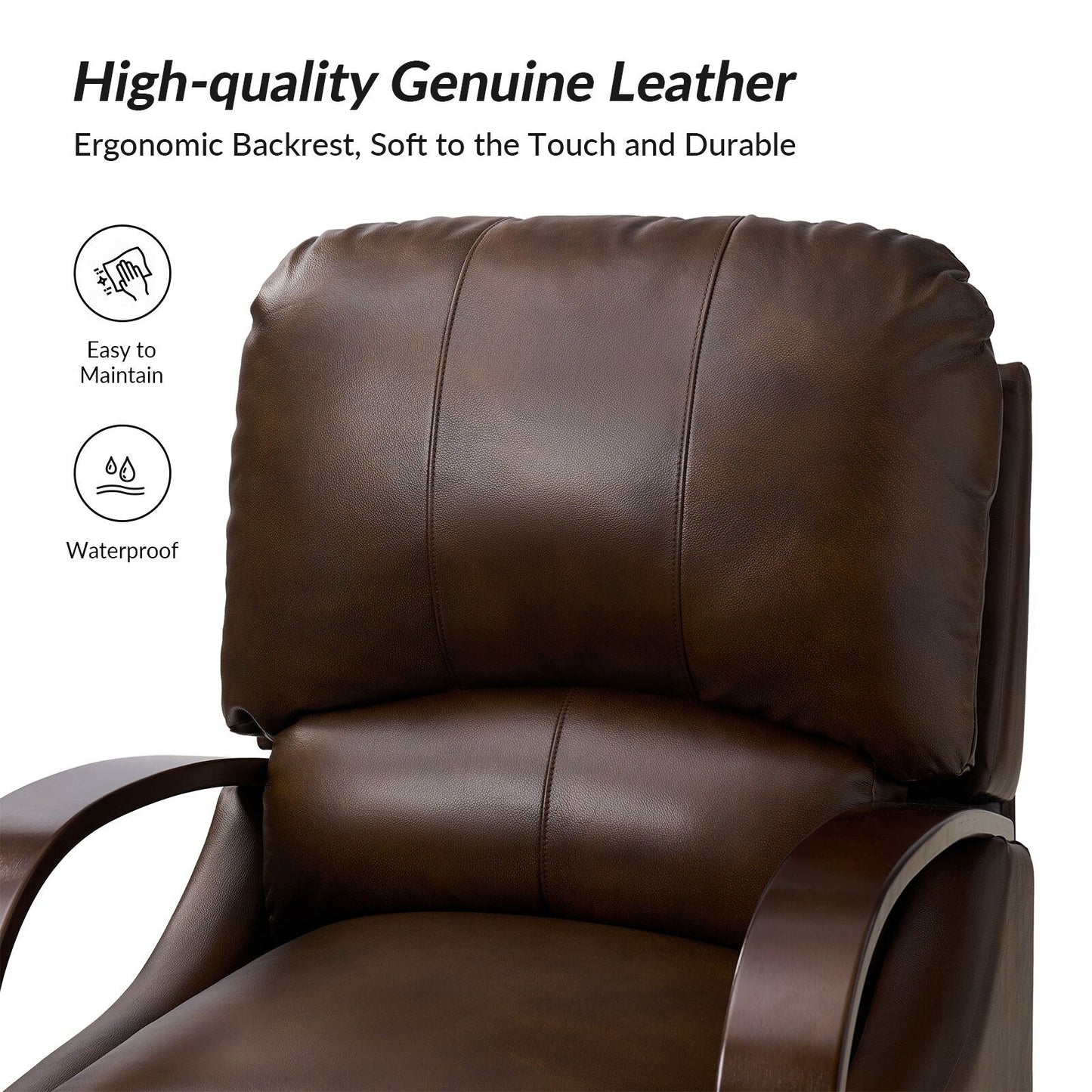 Fauteuil inclinable manuel Alex Mid-Century Modern en cuir véritable avec accoudoirs incurvés en bois, lot de 2