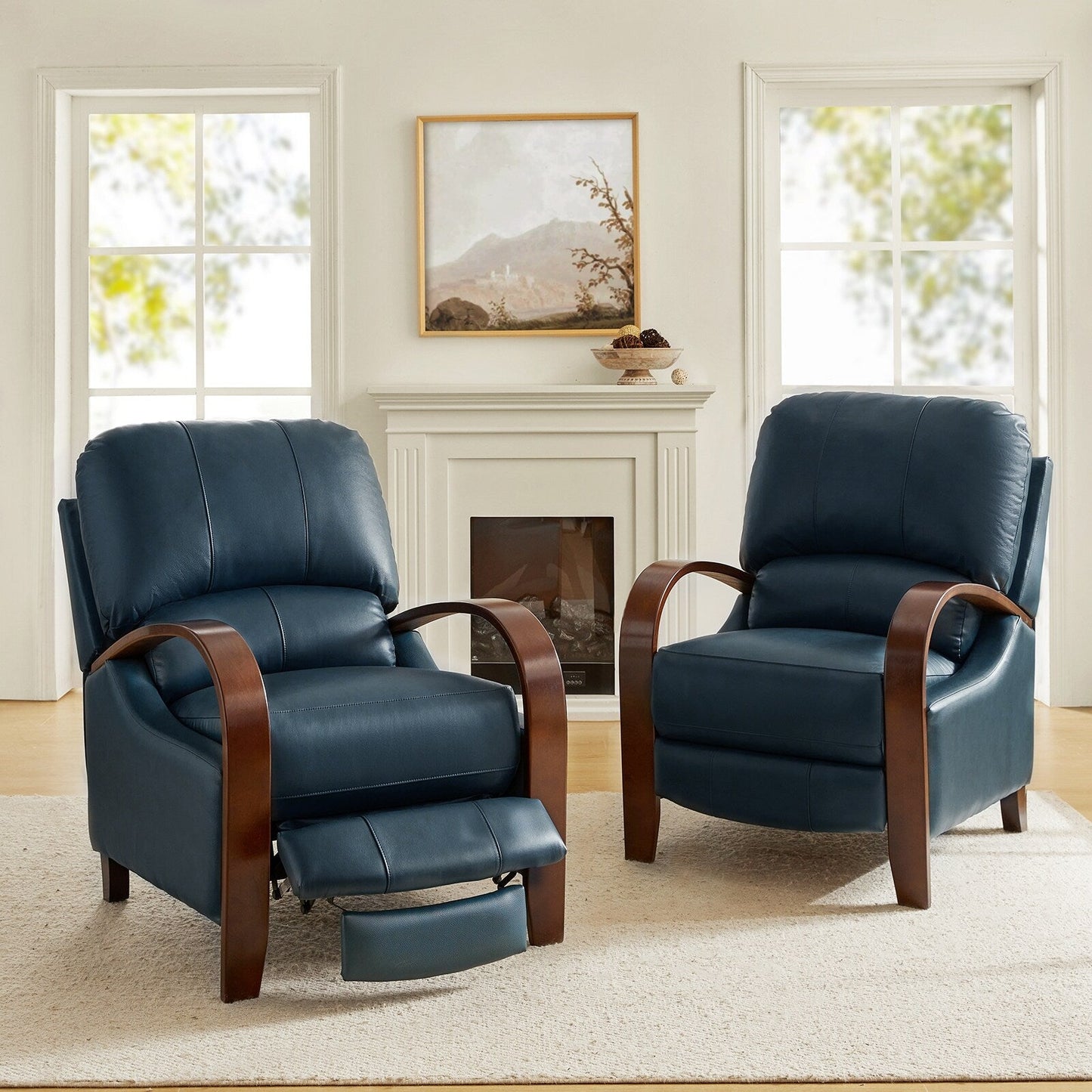 Fauteuil inclinable manuel Alex Mid-Century Modern en cuir véritable avec accoudoirs incurvés en bois, lot de 2