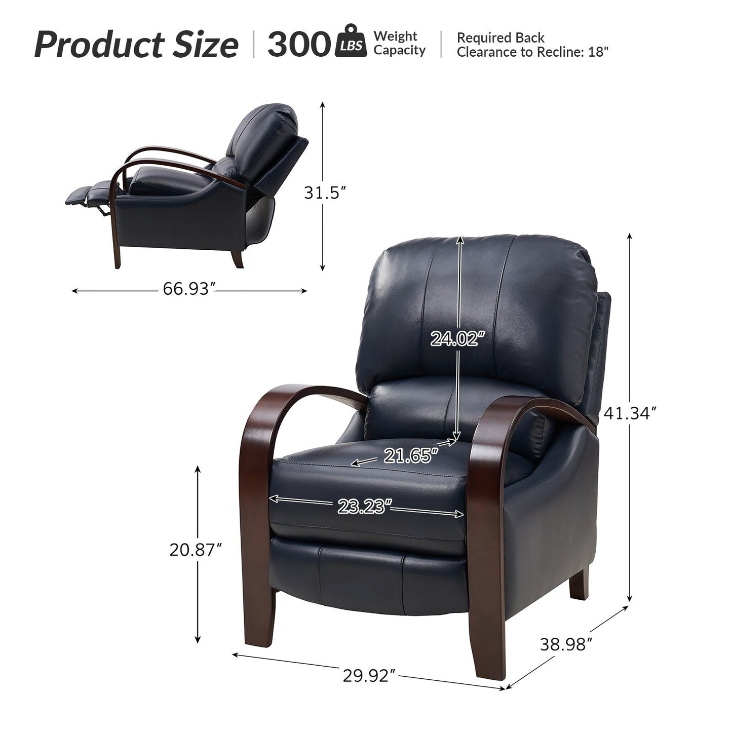 Fauteuil inclinable manuel Alex Mid-Century Modern en cuir véritable avec accoudoirs incurvés en bois, lot de 2