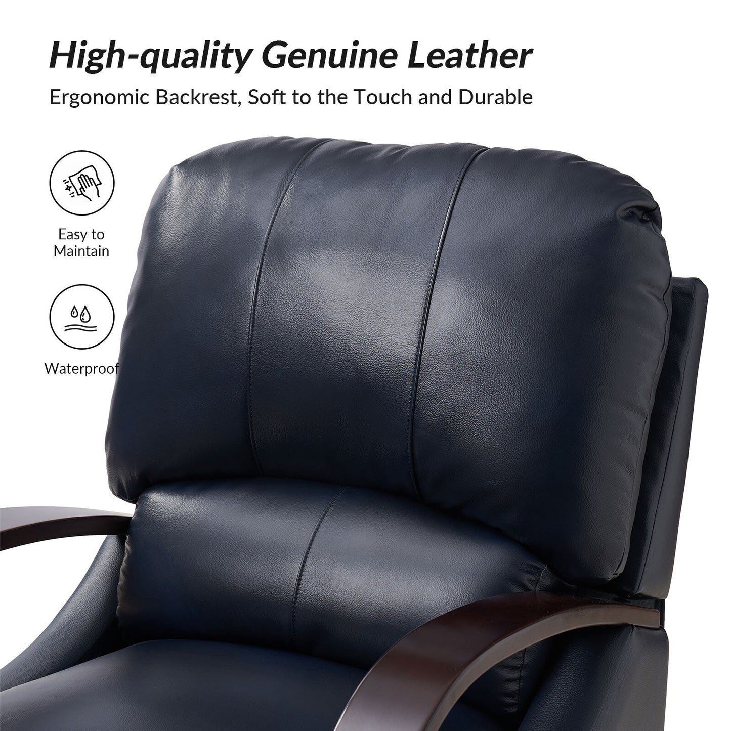 Fauteuil inclinable manuel Alex Mid-Century Modern en cuir véritable avec accoudoirs incurvés en bois, lot de 2
