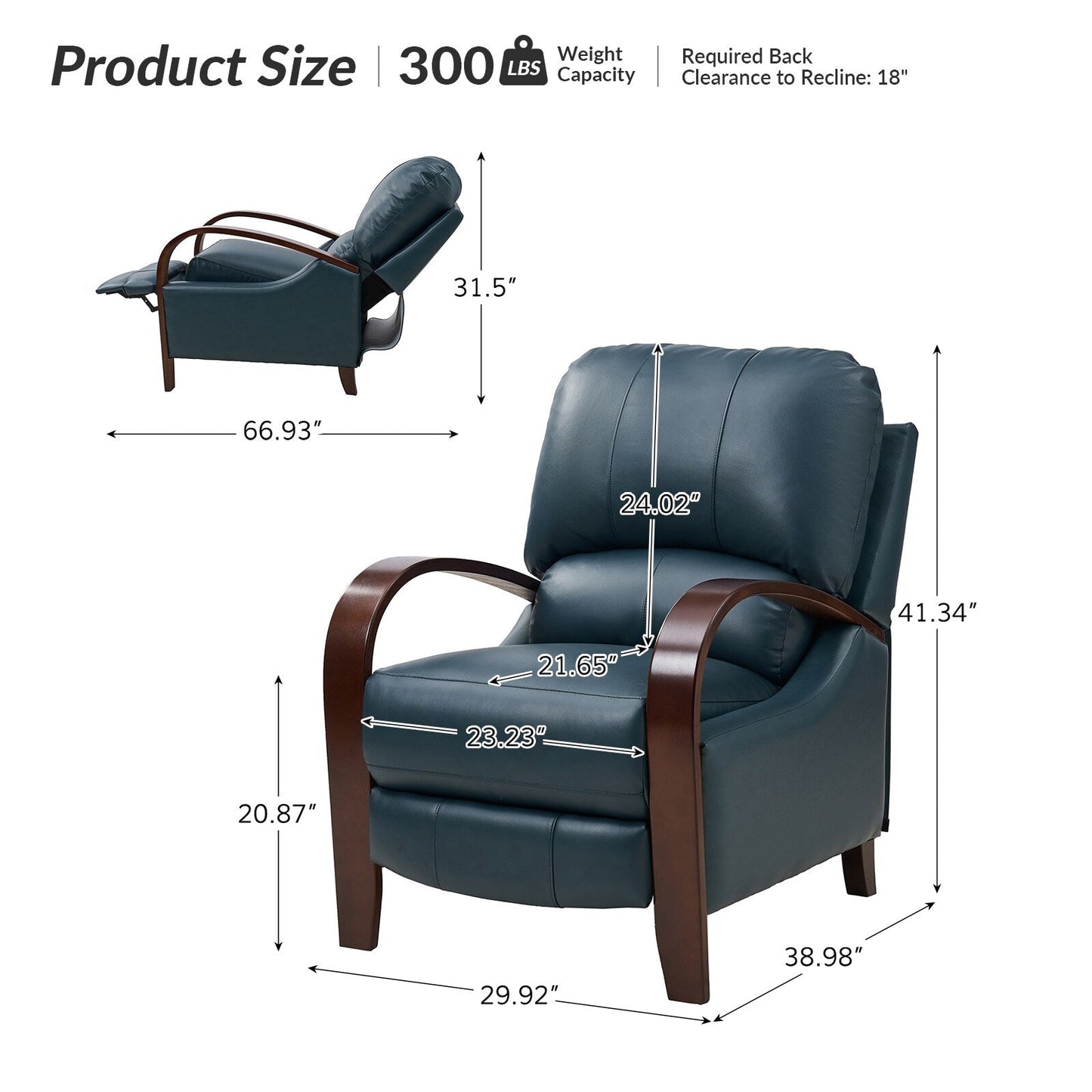 Fauteuil inclinable manuel Alex Mid-Century Modern en cuir véritable avec accoudoirs incurvés en bois, lot de 2