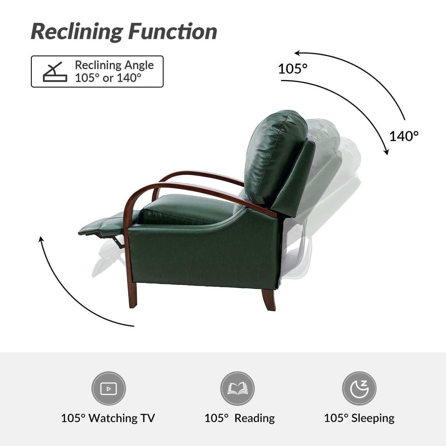 Fauteuil inclinable manuel Alex Mid-Century Modern en cuir véritable avec accoudoirs incurvés en bois, lot de 2