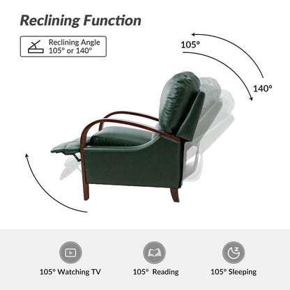 Fauteuil inclinable manuel Alex Mid-Century Modern en cuir véritable avec accoudoirs incurvés en bois, lot de 2