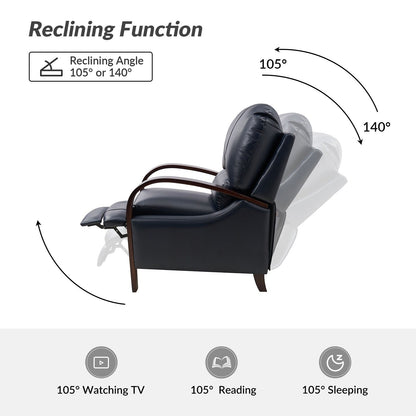 Fauteuil inclinable manuel Alex Mid-Century Modern en cuir véritable avec accoudoirs incurvés en bois, lot de 2