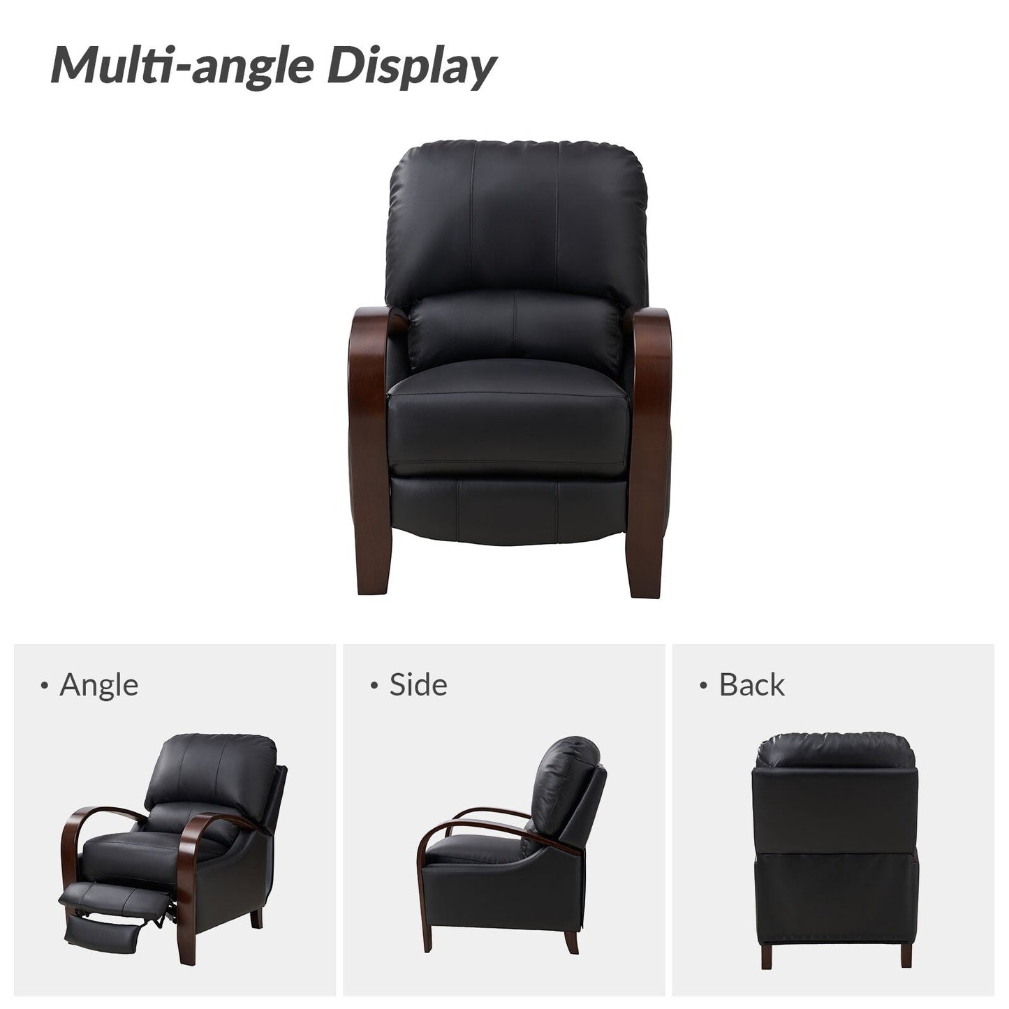 Fauteuil inclinable manuel Alex Mid-Century Modern en cuir véritable avec accoudoirs incurvés en bois, lot de 2