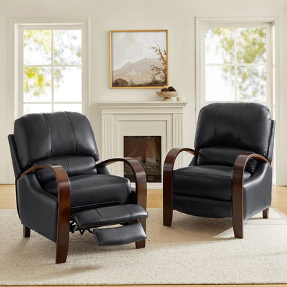 Fauteuil inclinable manuel Alex Mid-Century Modern en cuir véritable avec accoudoirs incurvés en bois, lot de 2