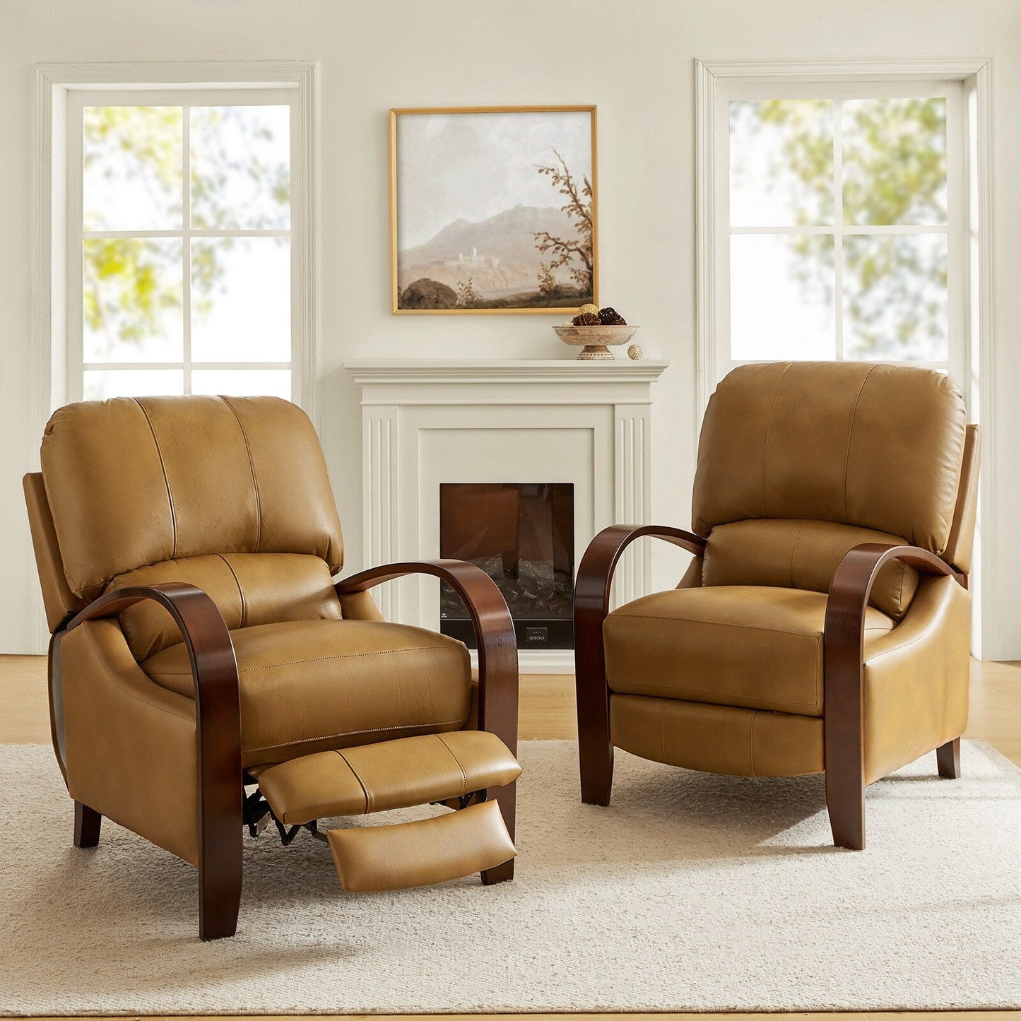Fauteuil inclinable manuel Alex Mid-Century Modern en cuir véritable avec accoudoirs incurvés en bois, lot de 2