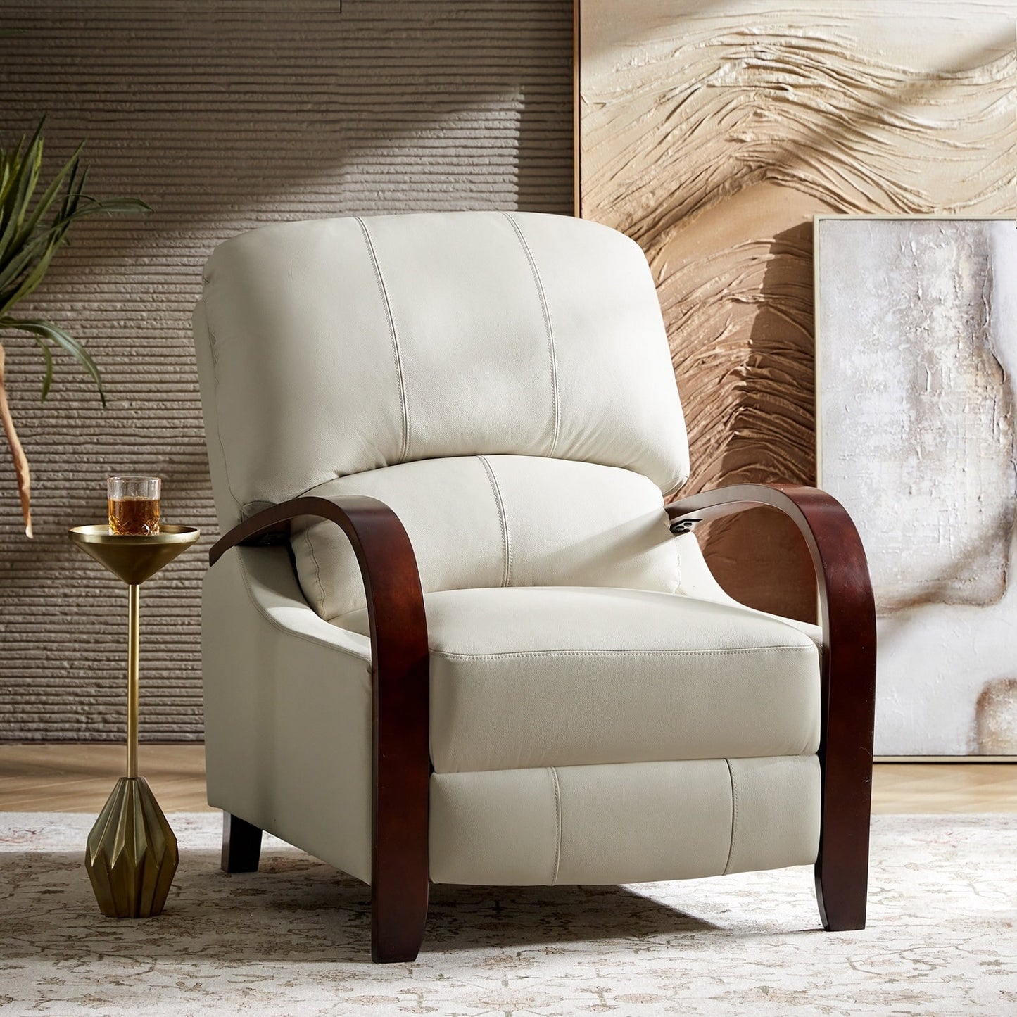 Fauteuil inclinable manuel Alex Mid-Century Modern en cuir véritable avec accoudoirs incurvés en bois