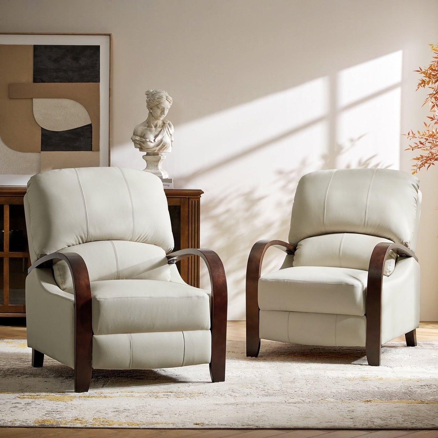 Fauteuil inclinable manuel Alex Mid-Century Modern en cuir véritable avec accoudoirs incurvés en bois, lot de 2
