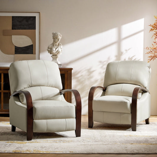 Fauteuil inclinable manuel Alex Mid-Century Modern en cuir véritable avec accoudoirs incurvés en bois, lot de 2