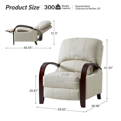 Fauteuil inclinable manuel Alex Mid-Century Modern en cuir véritable avec accoudoirs incurvés en bois, lot de 2