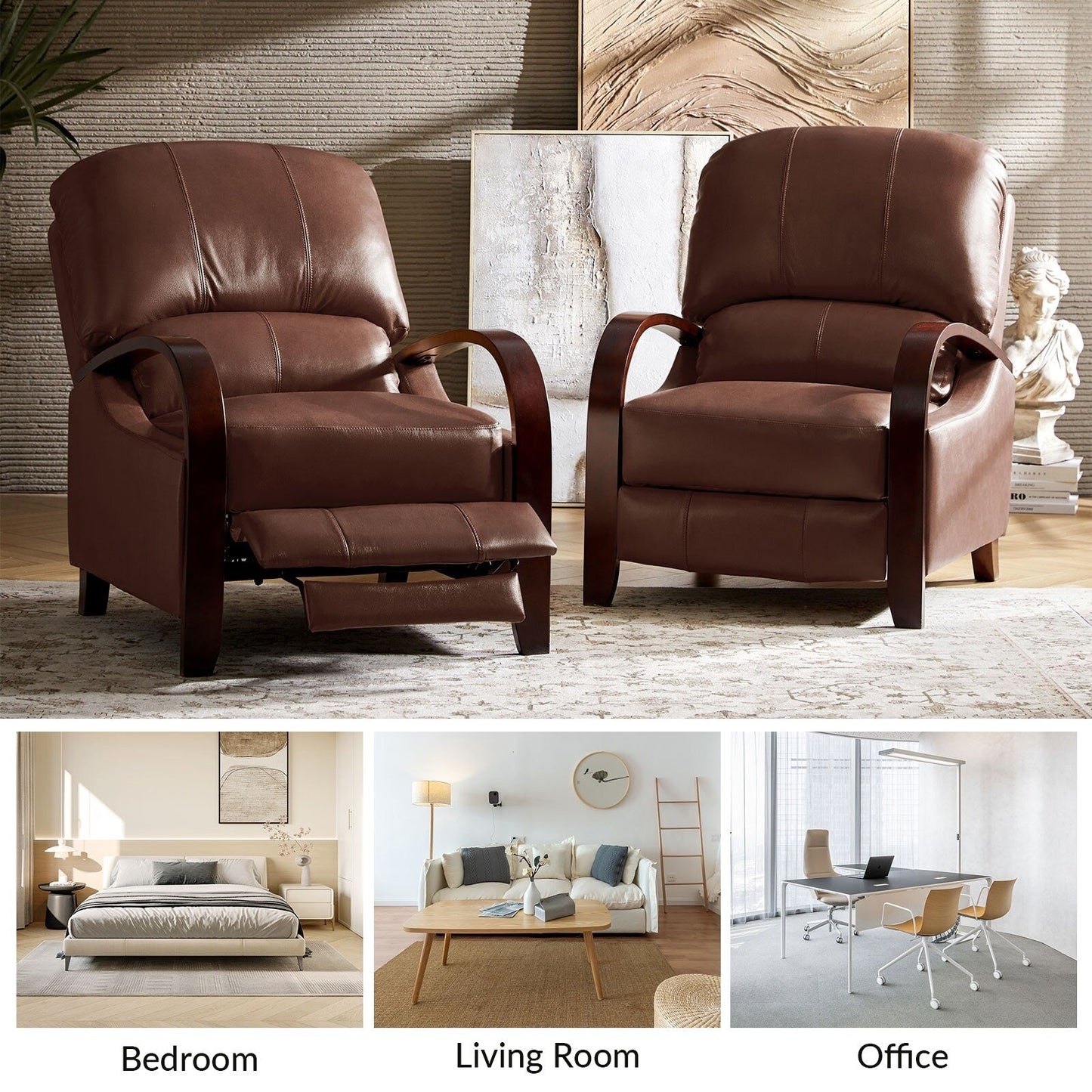 Fauteuil inclinable manuel Alex Mid-Century Modern en cuir véritable avec accoudoirs incurvés en bois, lot de 2