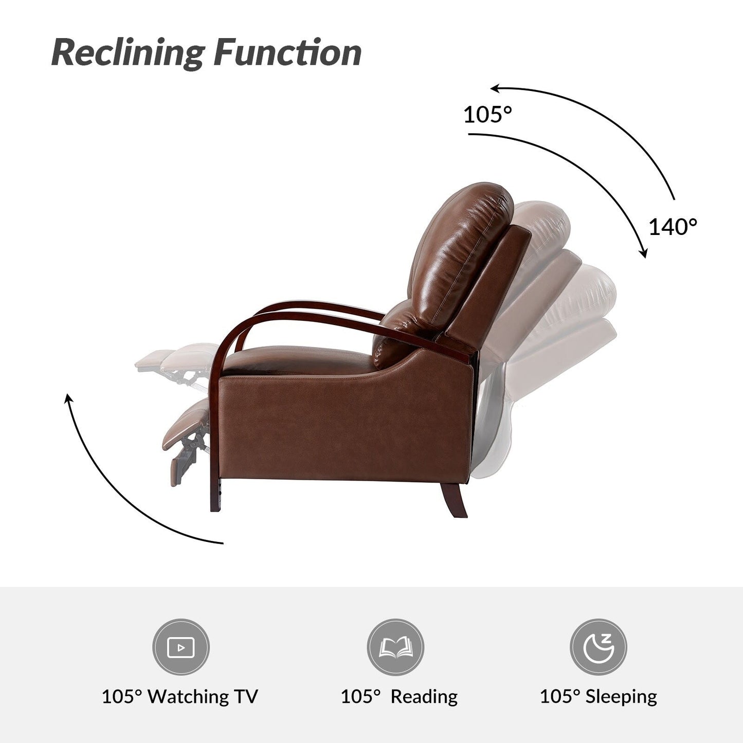 Fauteuil inclinable manuel Alex Mid-Century Modern en cuir véritable avec accoudoirs incurvés en bois, lot de 2