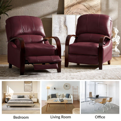 Fauteuil inclinable manuel Alex Mid-Century Modern en cuir véritable avec accoudoirs incurvés en bois, lot de 2