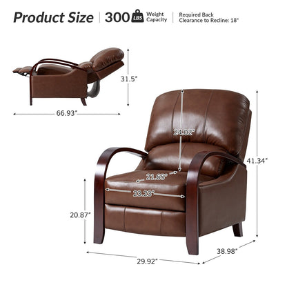 Fauteuil inclinable manuel Alex Mid-Century Modern en cuir véritable avec accoudoirs incurvés en bois, lot de 2