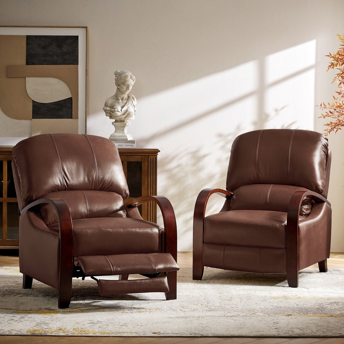 Fauteuil inclinable manuel Alex Mid-Century Modern en cuir véritable avec accoudoirs incurvés en bois, lot de 2
