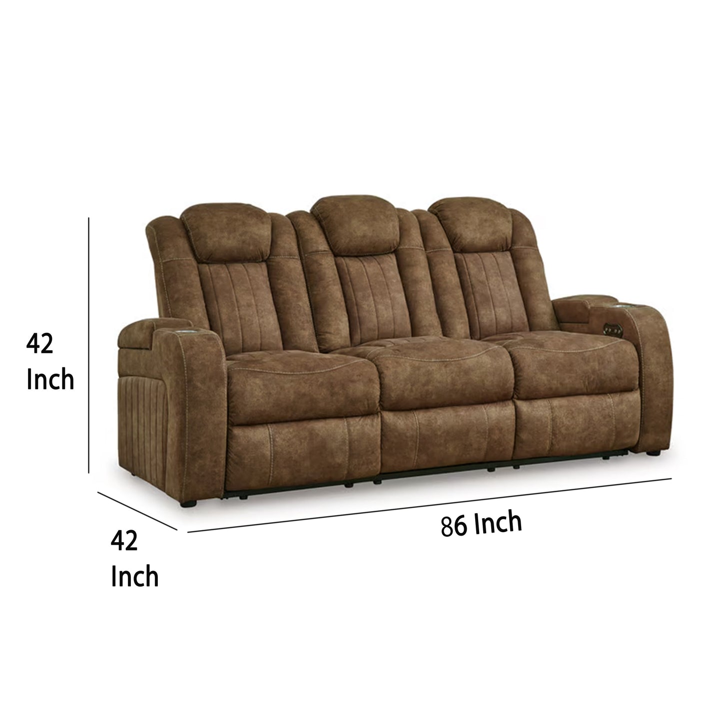 Canapé inclinable électrique Alexy, USB, rangement, similicuir marron, 86 pouces