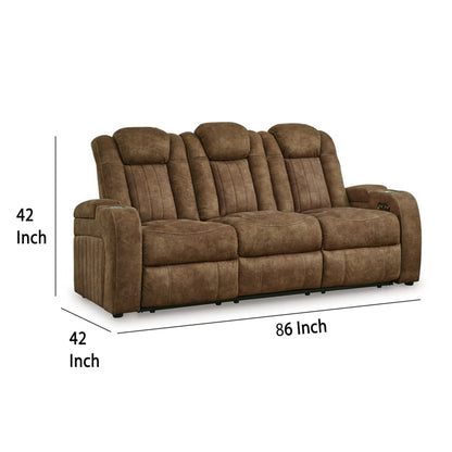 Canapé inclinable électrique Alexy, USB, rangement, similicuir marron, 86 pouces