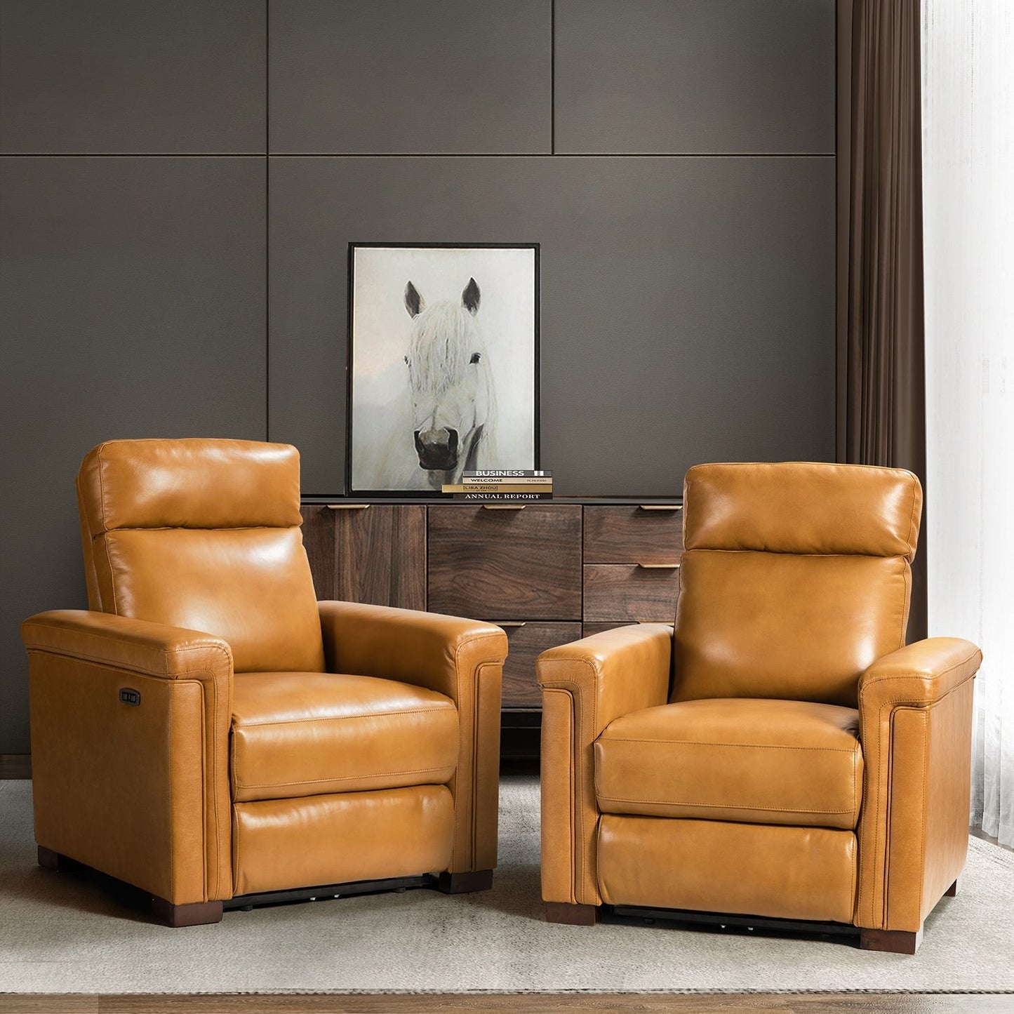 Fauteuil inclinable électrique classique contemporain Alicia 34,65 po en cuir véritable avec port USB (lot de 2)