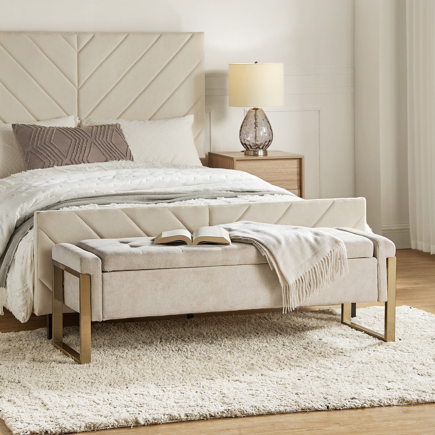 Alina Modern Upholstered Flip Top Storage Bench with Metal Legs by HULALA HOME