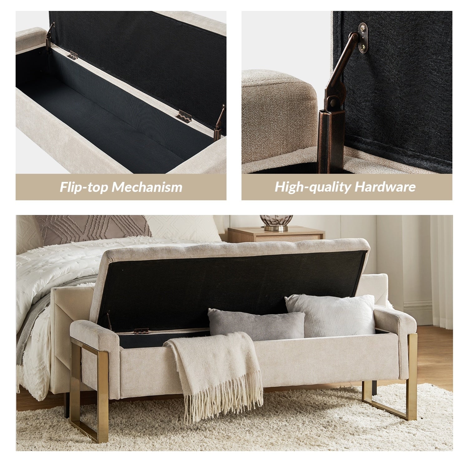 Alina Modern Upholstered Flip Top Storage Bench with Metal Legs by HULALA HOME