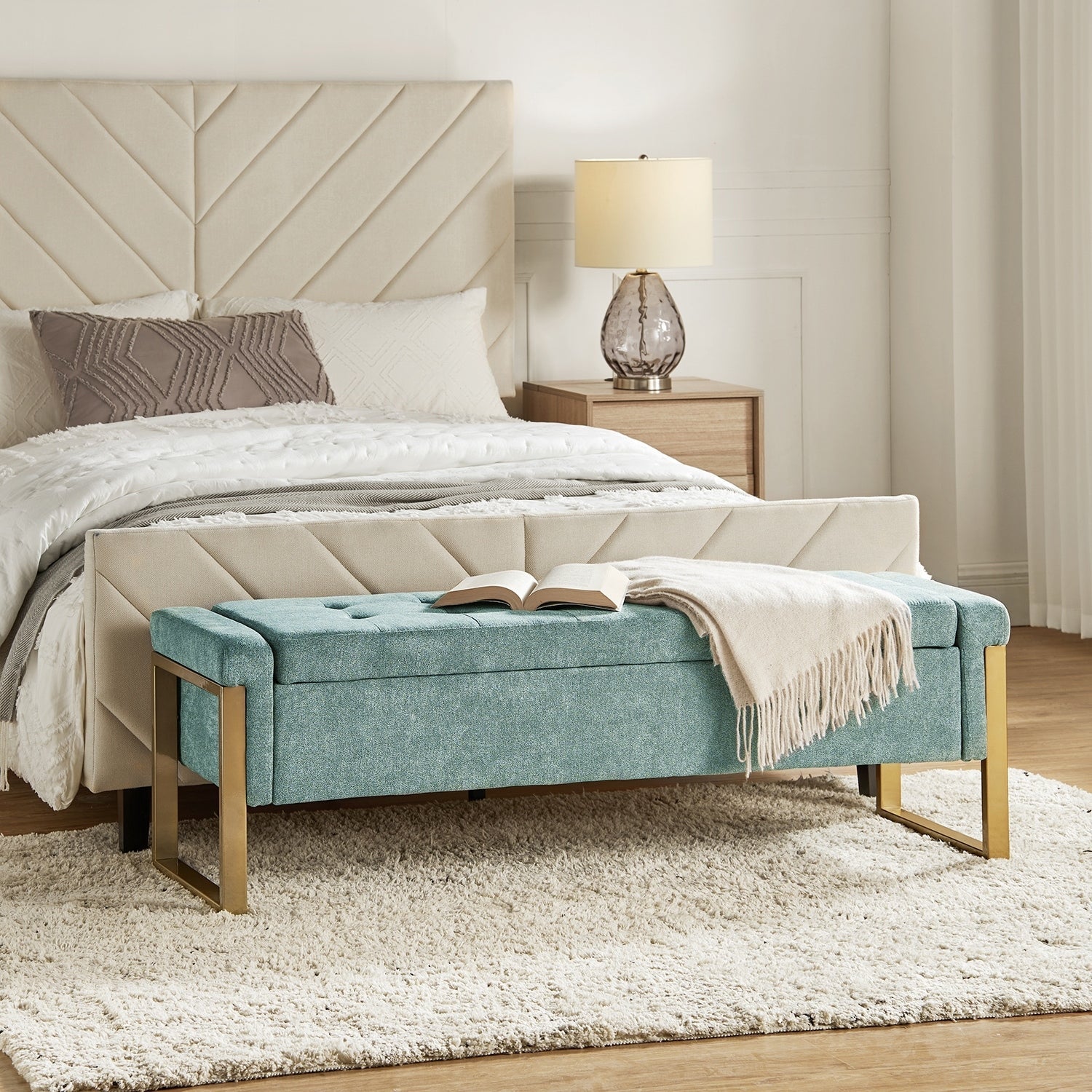 Alina Modern Upholstered Flip Top Storage Bench with Metal Legs by HULALA HOME