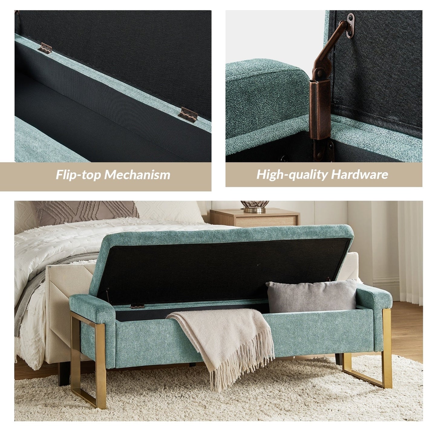 Banc de rangement moderne rembourré Alina avec pieds en métal par HULALA HOME